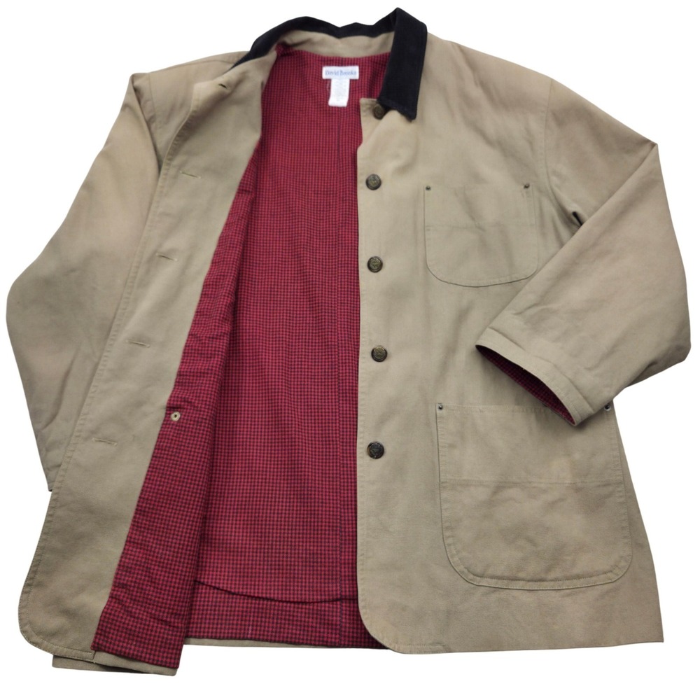VTG David Brooks Barn Coat Corduroy Collar Red Plaid Lined Cotton Tan Mens XL